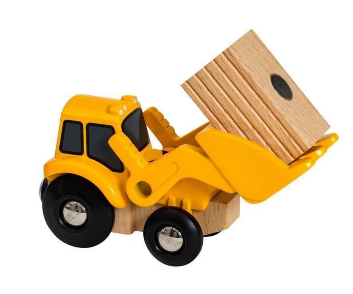 Loader toy front-loader vehicle lifting a wooden load with handgrip lever for BRIO World play.