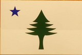 Pine Tree Flag Sticker featuring the original Maine flag design with a green pine tree and blue star on white background.