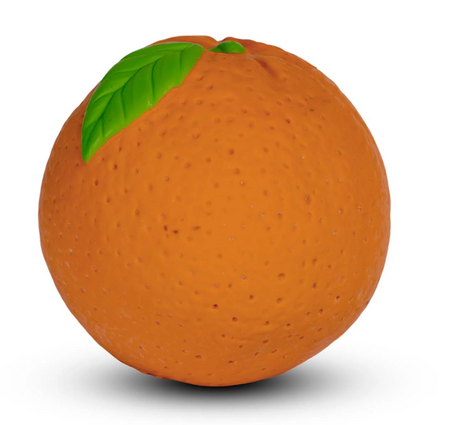 Baby Ball | Naranja Orange sensory ball shaped like an orange with textured surface and green leaf detail.