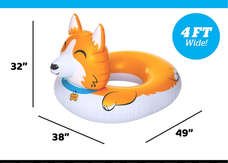 Giant Corgi Pool Float with playful dog design, measuring 4 feet wide, perfect for fun at the pool or beach.