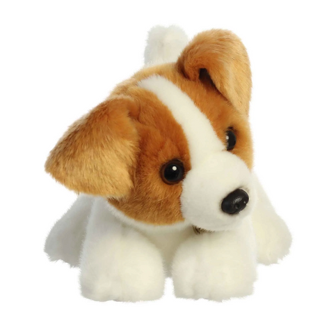 Jack Russell Puppy plush in crouched pose with white and tan fur, soft and hand-stitched for lasting love.