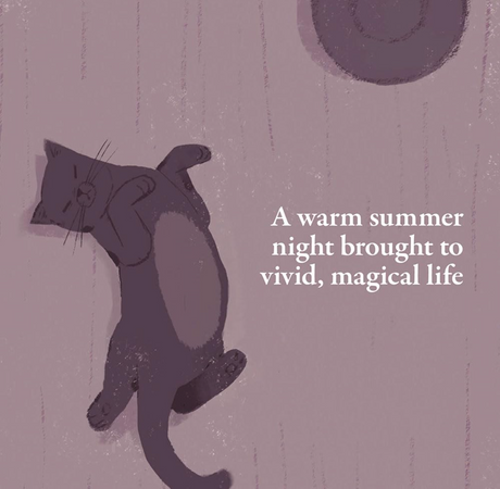 On a Summer Night shows a peaceful cat resting on a wooden floor, capturing a warm magical night.