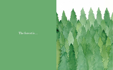 Forest product image showing watercolor illustration of tall green pine trees with text "The forest is..." on a green background.