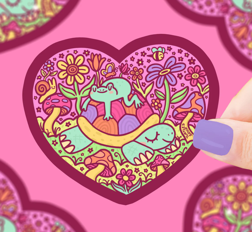 Sleepy Turtle and Frog Heart Sticker