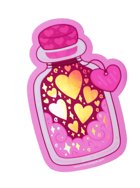 Bottle of Hearts Sticker with colorful hearts inside a pink bottle, weatherproof and scratch resistant 3x3 inch decal.