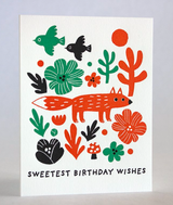 Fox and Flowers Birthday Card featuring a red fox, colorful flowers, and birds on recycled white paper.