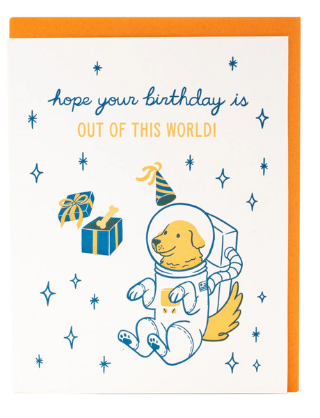 Space Dog Birthday Card featuring a letterpress illustration of a dog astronaut with party hat and gifts in space.