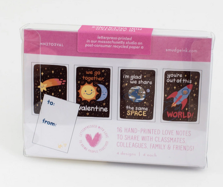 Mini Valentines Box Set | Outer Space with 16 letterpressed cards featuring cute space-themed Valentine designs