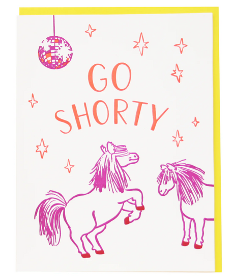 Go Shorty Dancing Ponies Card with pink dancing ponies and disco ball on white folded birthday card.