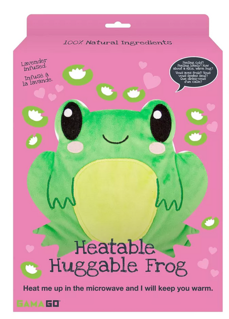 Huggable Heatable Frog microwavable heat pack with lavender scent for soothing warmth and relieving cramps and aches.