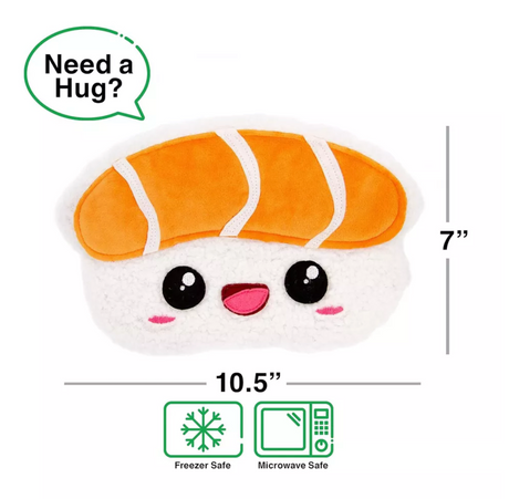 Huggable Heatable Sushi microwavable heat pack measuring 10.5x7 inches with cute sushi design for pain relief.