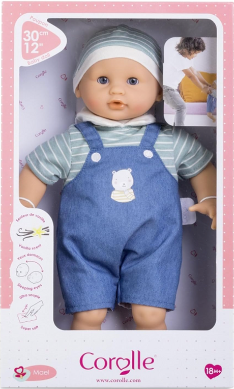 Calin Mael baby doll in striped shirt and blue overalls with vanilla scent and sleepy blue eyes in packaging.