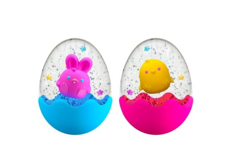 NeeDoh Squeezter Egg showing a pink bunny and yellow chick inside confetti-filled clear eggs with colorful bases.