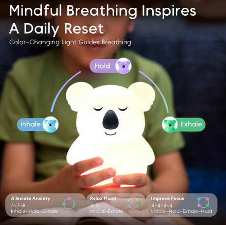 Breathing Pal | Kyle the Koala glowing koala device guiding breathing to alleviate anxiety, relax, and improve focus.