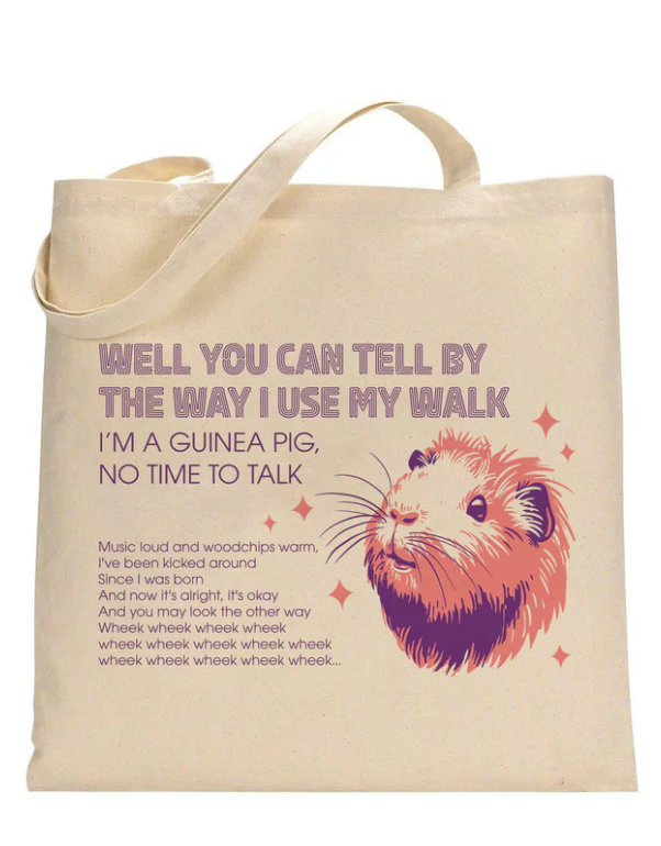 Stayin' Alive Tote (for us) with a printed guinea pig design and text on a heavy cotton natural tote bag.
