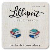 Book Stack Earrings with colorful stacked books design on titanium posts, handmade in New Orleans for book lovers.