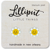 Happy Daisy Earrings with smiling daisy design, titanium post, hypoallergenic, handmade in New Orleans, cute kawaii style.