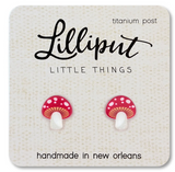Mushroom Earrings with vibrant red and white design, handmade, titanium post, hypoallergenic, perfect whimsical accessory.