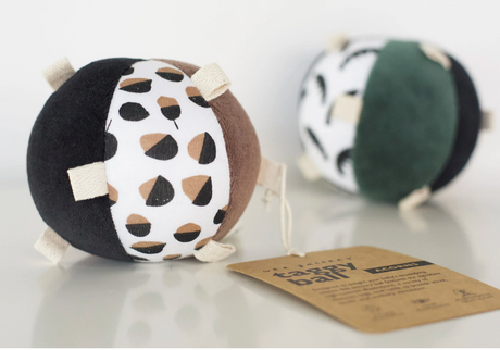 Organic Taggy Ball with Rattle Acorn featuring organic cotton and high-contrast patterns for baby sensory stimulation.