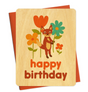 Fox Flowers Wood Birthday Card featuring a cute fox holding colorful flowers on sustainable birch wood.