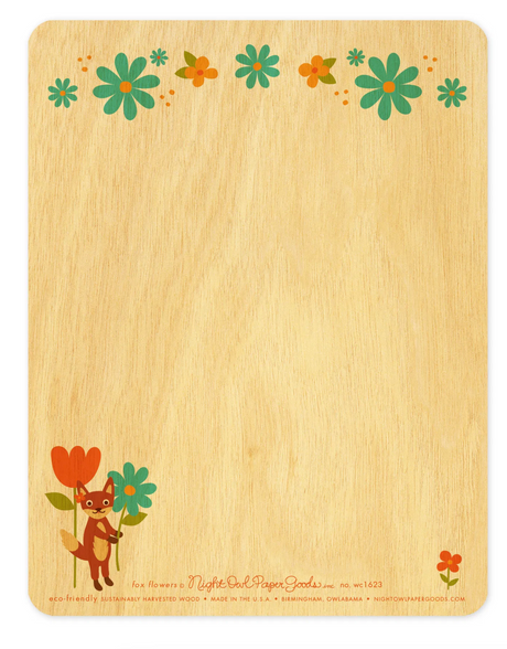 Fox Flowers Wood Birthday Card with green and orange floral design and a small fox holding flowers on birch wood background.
