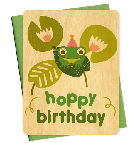 Hoppy Frog Wood Birthday Card featuring a cheerful frog and leaves on sustainable birch wood with envelope and green backing.