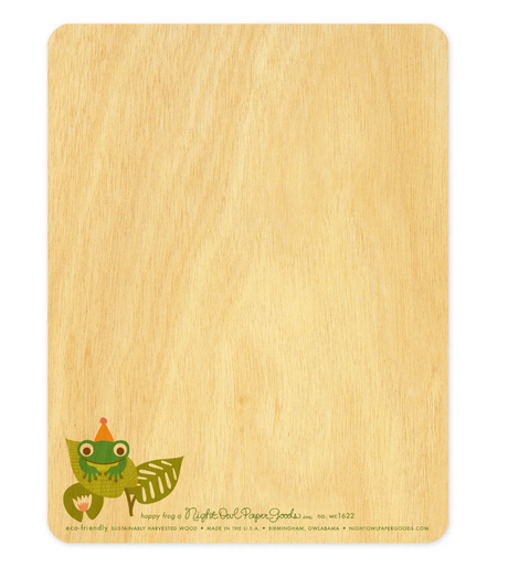 Hoppy Frog Wood Birthday Card with a green frog illustration on natural birch wood background, blank for writing.