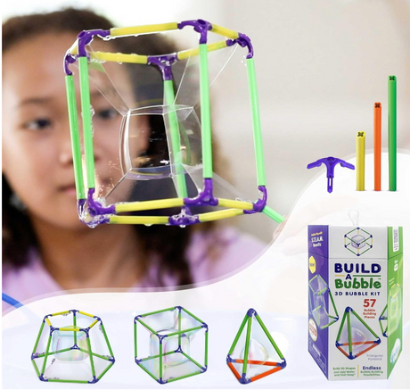 Build a Bubble 3D Bubble Kit showing a child creating 3D geometric bubble shapes with colorful rods and connectors.