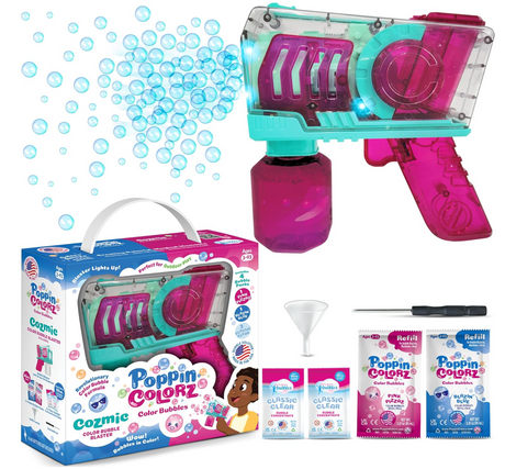 Poppincolorz Cozmic Color Bubble Blaster shooting glowing bubbles with refill packs and packaging shown.
