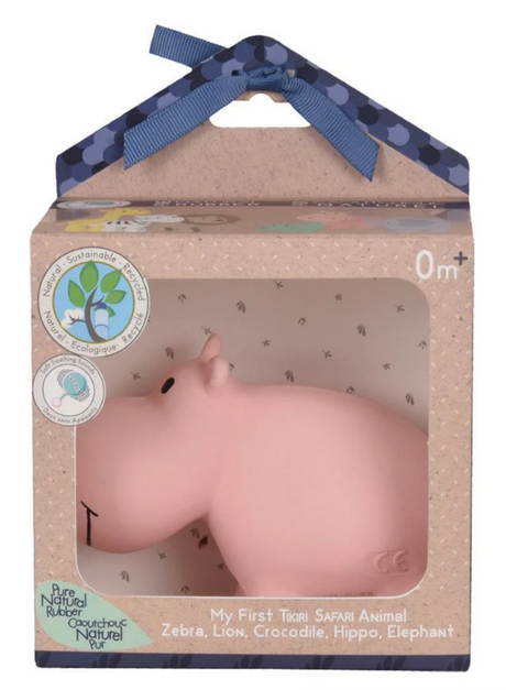 Organic Rubber Teether Rattle | Hippo in packaging, soft pink hippo made from natural rubber for babies 0+ months.