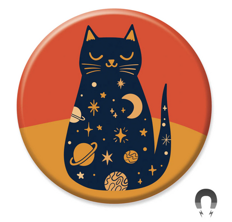 Cosmic Kitty Magnet featuring a navy cat with planets and stars on an orange and yellow background.