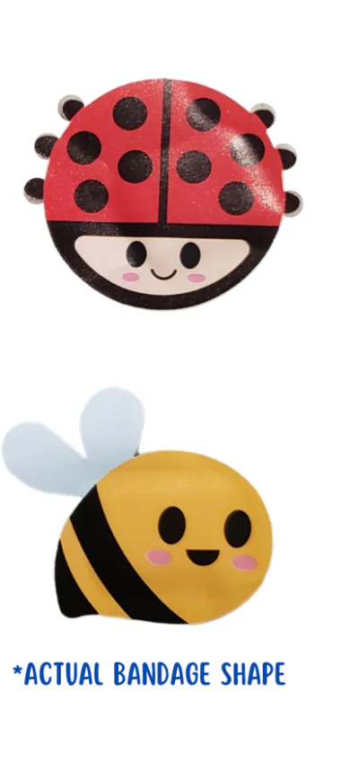 Ladybug & Bee Bandages showing cute smiling ladybug and bee shapes for fun first aid care.