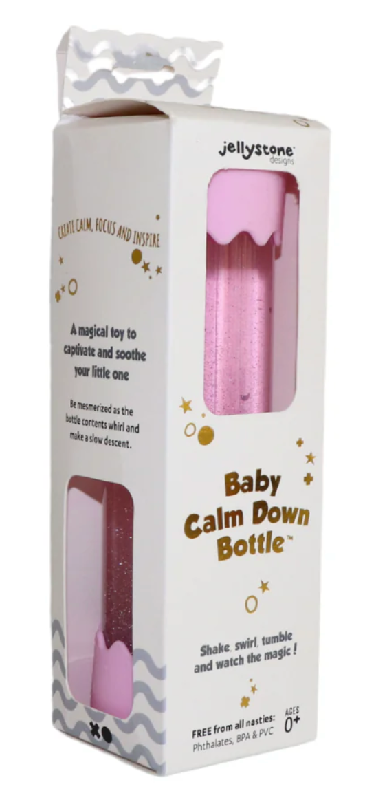 Calm Down Bottle | Bubblegum baby sensory toy in pink with sparkles, designed to soothe and captivate infants ages 0+ in packaging.