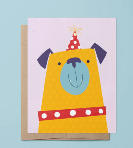 Party Pug Birthday Card featuring a cheerful yellow pug with a party hat and red collar on a lavender background