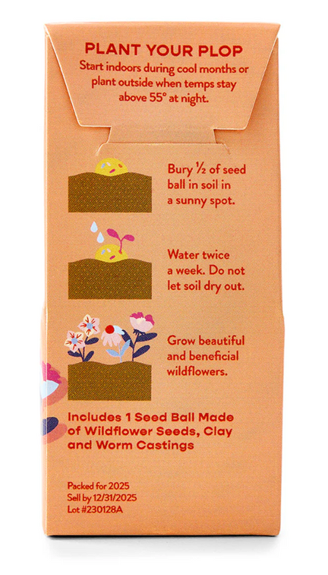 Wildflower Seed Ball | Bunny Poop planting instructions showing seed ball burial, watering, and growing wildflowers steps.