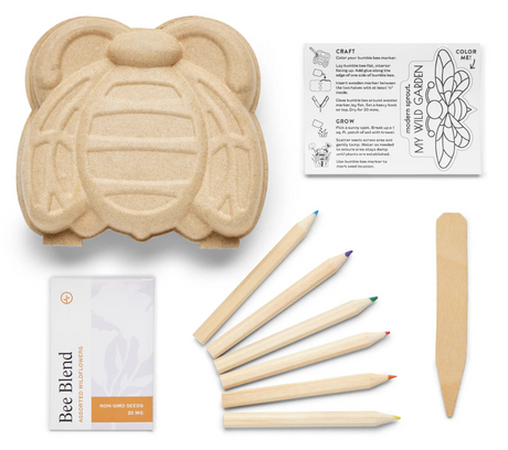 Curious Critters Bee Activity Kit with paper pulp bee, colored pencils, wooden marker, and wildflower seed packet.