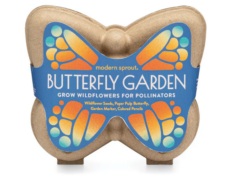 Curious Critters Butterfly Activity Kit with butterfly-shaped paper pulp critter and wildflower seeds in eco-friendly packaging.