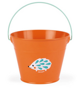 Happy Garden Metal Bucket in bright orange with blue handle and cute hedgehog design for gardening and play.