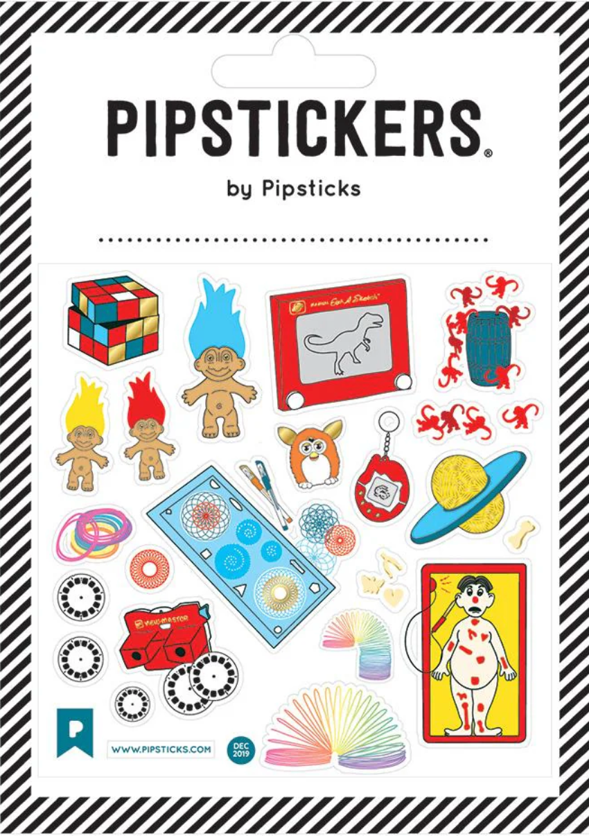Nostalgic toys Stickers featuring retro toy designs with holographic gold foil accents on a clear backing.