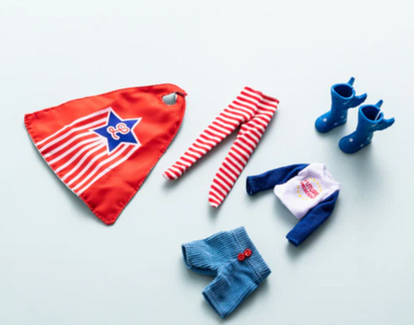 Lottie Future President Outfit with cape, striped tights, corduroy shorts, blue boots, and long sleeve tee shirt.