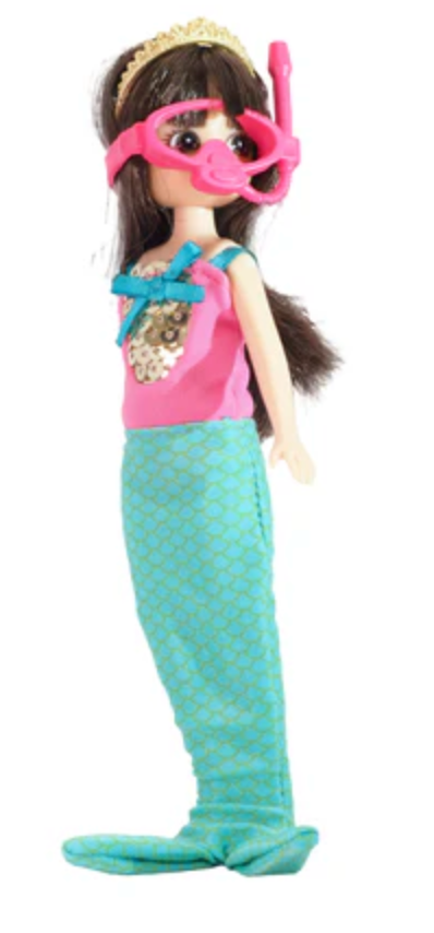 Lottie Mermaid Dreams doll with brown hair, pink snorkel mask, and blue mermaid tail for imaginative play.