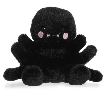 Palm Pals Spider Penny Mae is a soft black velvet plush spider with rosy cheeks and a friendly smile.