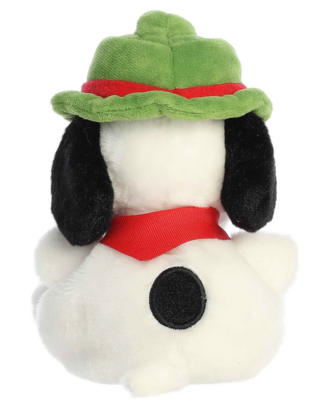 Palm Pals Snoopy Beagle Scout plush toy wearing green hat and red scarf, soft and huggable Peanuts collectible.
