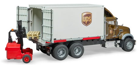 MACK Granite UPS Truck with Forklift loading a container with detailed cabin, opening doors, and realistic forklift.