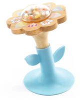 Baby White BabySwipi flower-shaped baby rattle with suction cup, wooden stem, and colorful beads for ages 3 months+