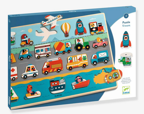 Puzzlo Vroom Wooden Puzzle with 22 colorful vehicle-shaped pieces for children aged 2 and up, matching silhouettes on board.