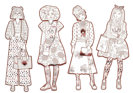 Les Demoiselles Fashion Coloring | Nina & Friends featuring four girls in outlined patterned outfits ready to color creatively.