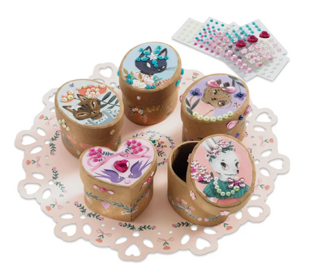 DIY Adorable Mini Boxes featuring five decorated mini boxes with self-adhesive gemstones and animal designs.