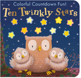 Ten Twinkly Stars book cover with a mother owl and two owlets under colorful twinkling stars at night.