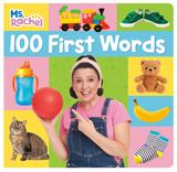 Ms Rachel 100 First Words board book cover with colorful images and Ms. Rachel holding a red ball for toddlers age 2+ learning.